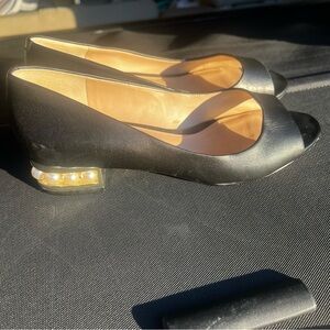 Karl Lagerfeld Tracy Black Open Toe Low Heels with Pearl Detail Size 7